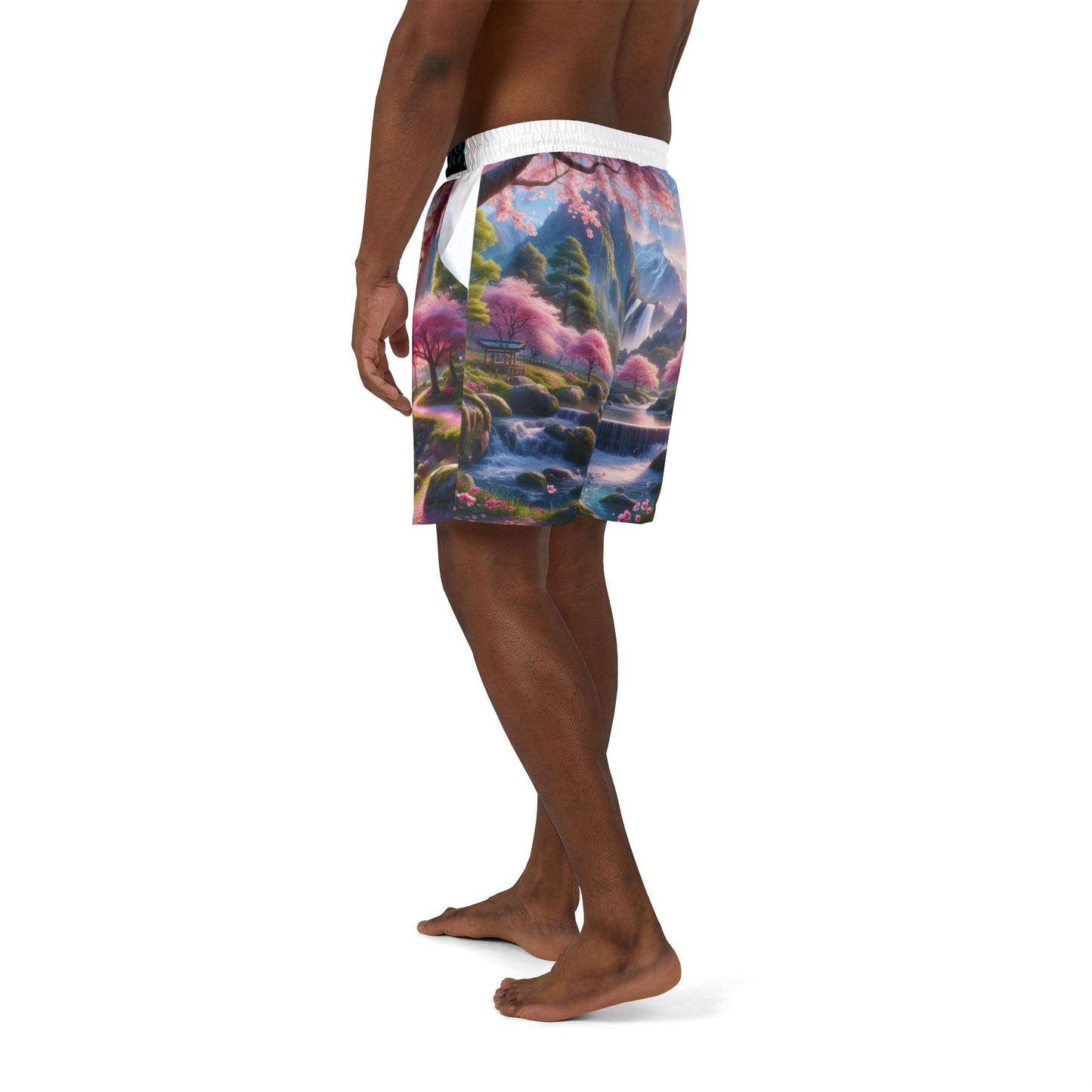 Serene Landscape Swim Shorts, Unisex Beachwear, Summer Fashion, Vacation Essential, Pool Party Gear, Nature-Inspired Apparel