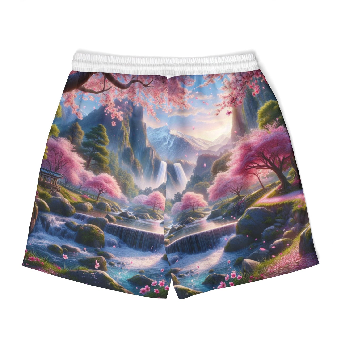 Serene Landscape Swim Shorts, Unisex Beachwear, Summer Fashion, Vacation Essential, Pool Party Gear, Nature-Inspired Apparel