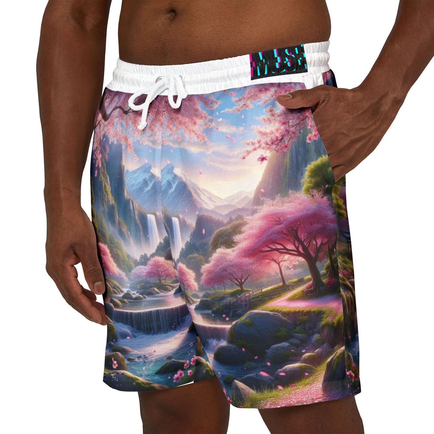Serene Landscape Swim Shorts, Unisex Beachwear, Summer Fashion, Vacation Essential, Pool Party Gear, Nature-Inspired Apparel