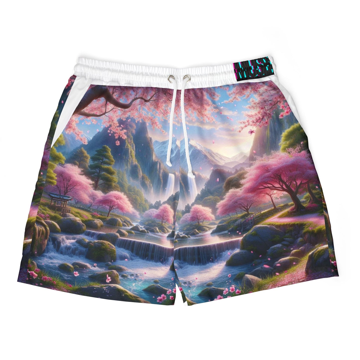 Serene Landscape Swim Shorts, Unisex Beachwear, Summer Fashion, Vacation Essential, Pool Party Gear, Nature-Inspired Apparel